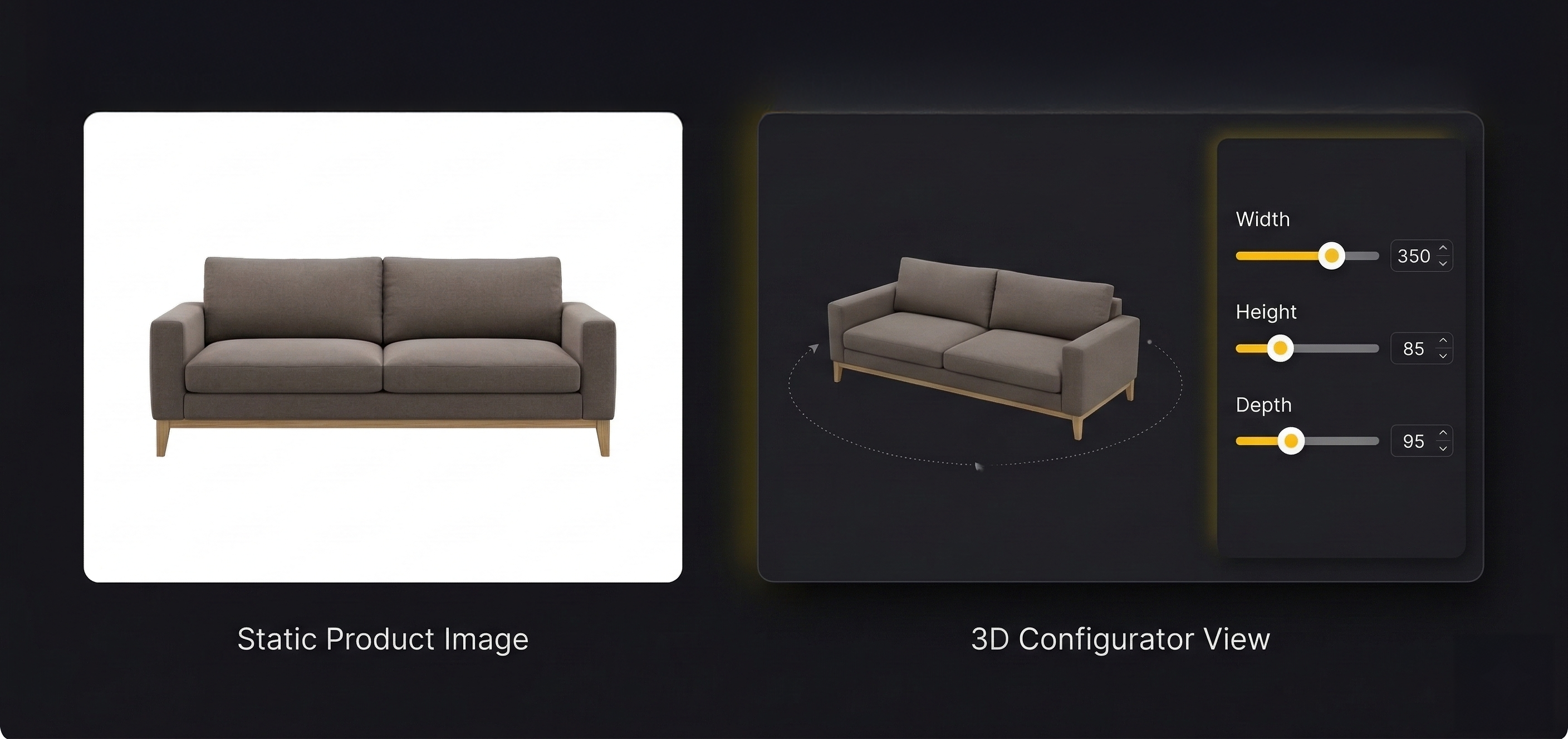 Static product image versus interactive 3D configurator view with dimension controls