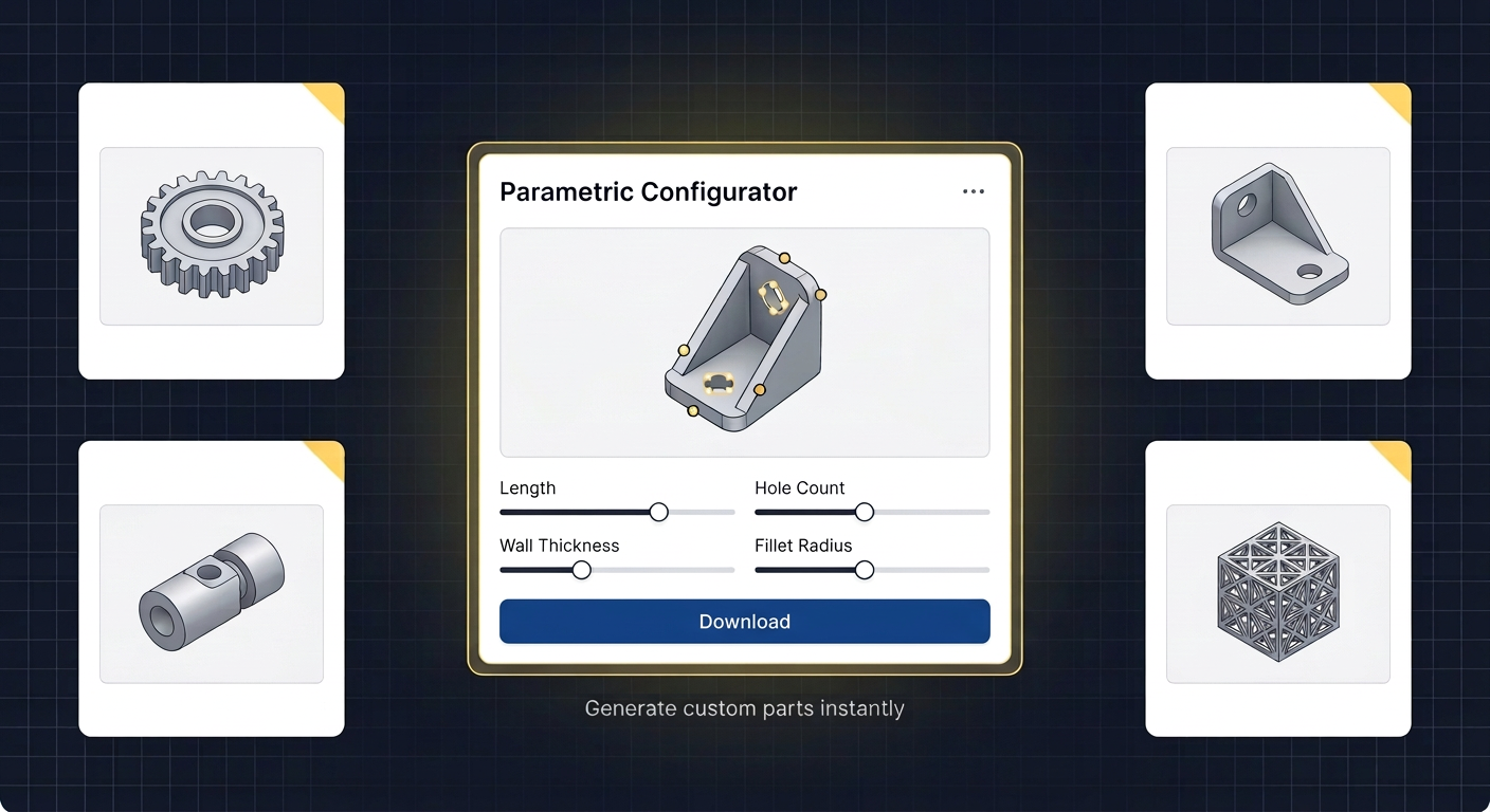 Parametric configurator for 3D-printed parts — adjust length, hole count, wall thickness, and fillet radius with real-time 3D preview