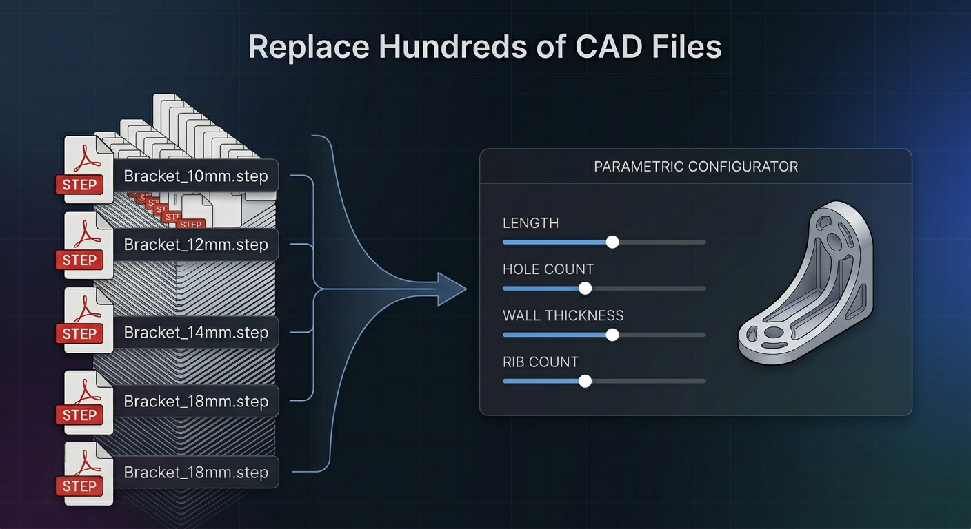 Replace hundreds of CAD files with a single parametric configurator — one model generates infinite variations