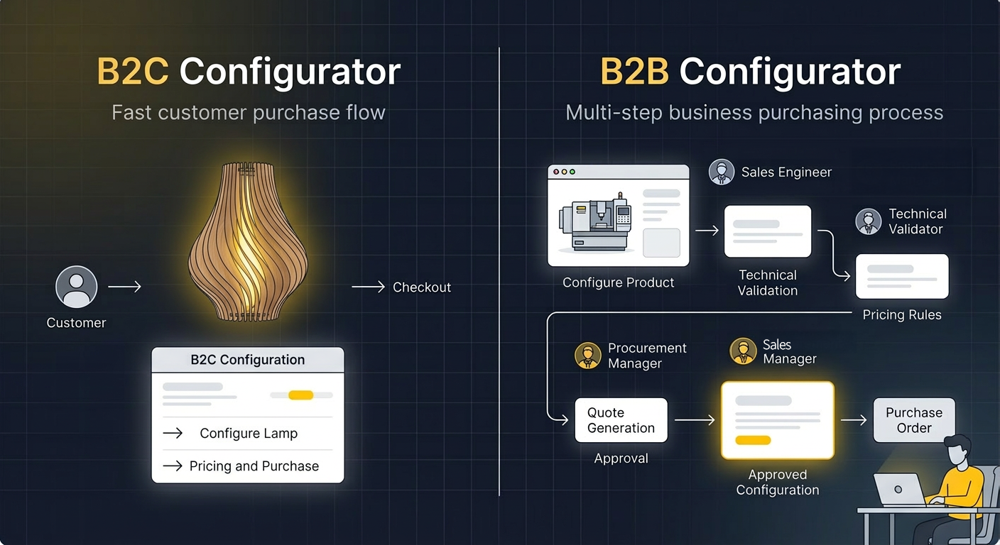 B2C Configurator fast customer purchase flow vs B2B Configurator multi-step business purchasing process