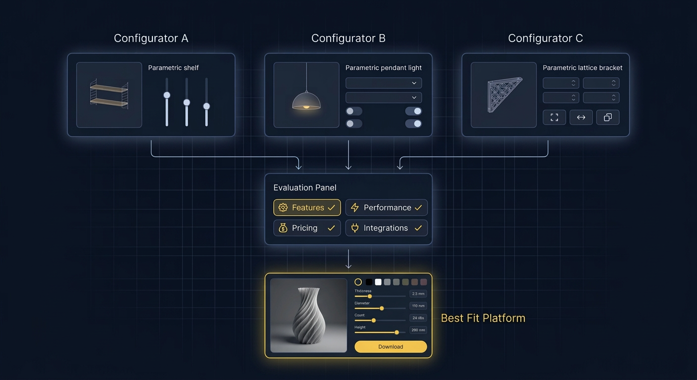 Evaluate three configurator platforms side by side using an evaluation panel scoring features, pricing, performance, and integrations to find the best fit