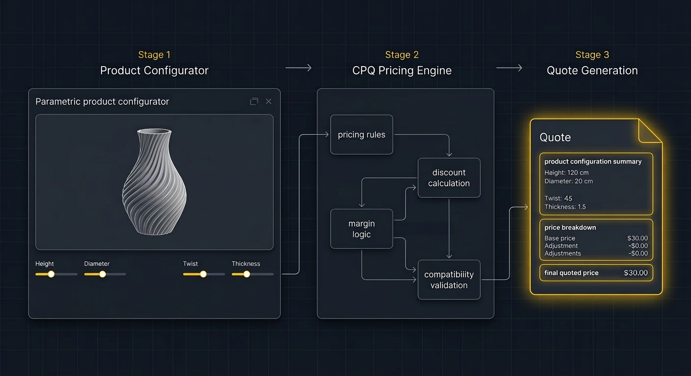 Three-stage workflow — Product Configurator to CPQ Pricing Engine to Quote Generation