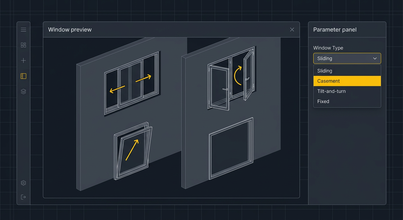 Window configurator preview showing different window types — sliding, casement, tilt and turn, fixed — with a parameter panel