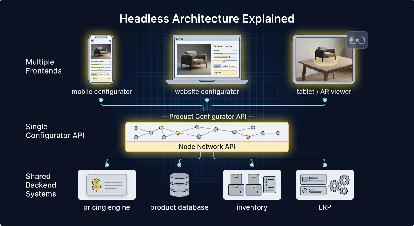 Headless architecture explained — multiple frontends (mobile, website, tablet/AR) connect through a single configurator API to shared backend systems (pricing engine, product database, inventory, ERP)