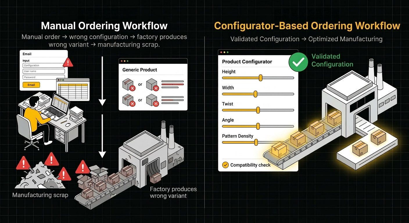 Manual ordering workflow with errors and manufacturing scrap vs configurator-based ordering workflow with validated configuration and optimized manufacturing