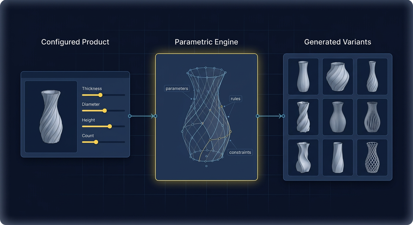Configured product with parameters feeds into a parametric engine that generates multiple product variants automatically