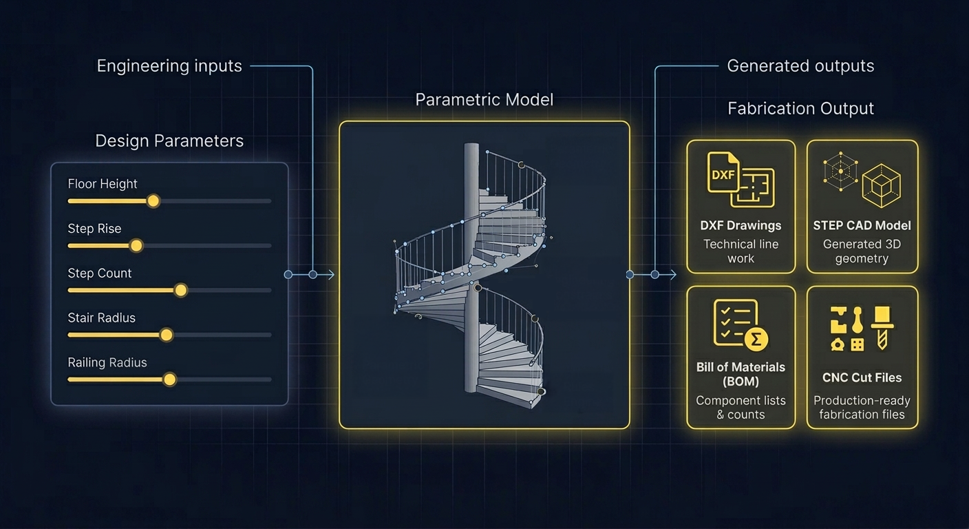 Engineering inputs like floor height and step count feed into a parametric model that generates fabrication outputs including DXF drawings, STEP files, and CNC cut files